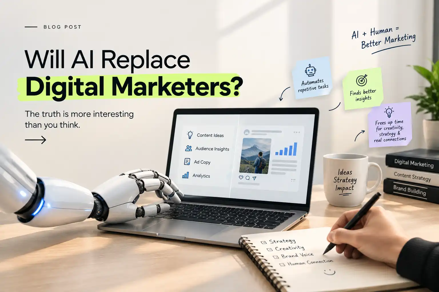 Human marketer and AI tools working together on a digital marketing plan