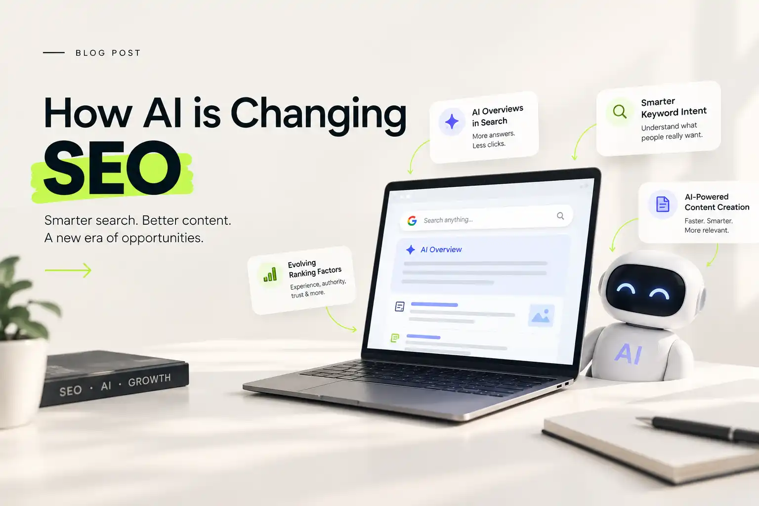 AI-assisted SEO and search results displayed on a laptop
